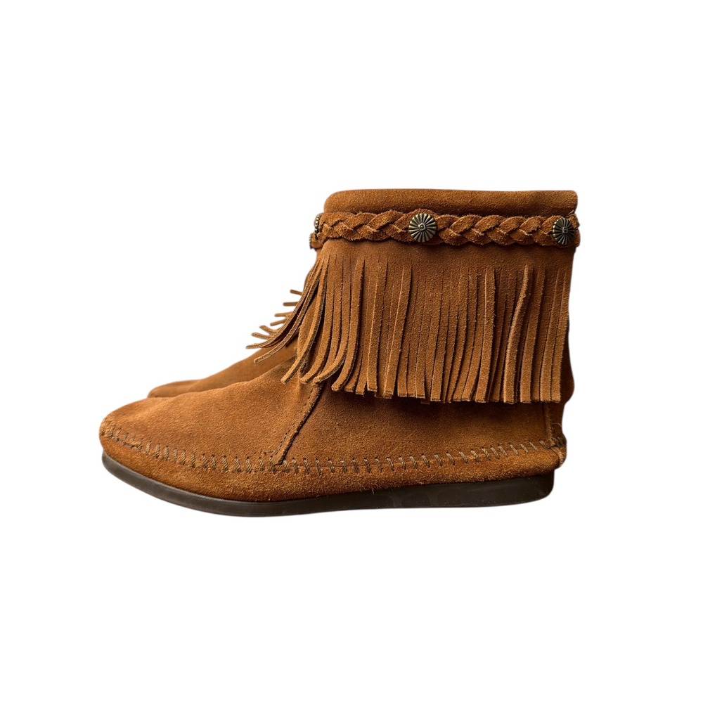 Minnetonka Brown Suede Fringe Moccasin Ankle Boots Zip Closure Women Size 7